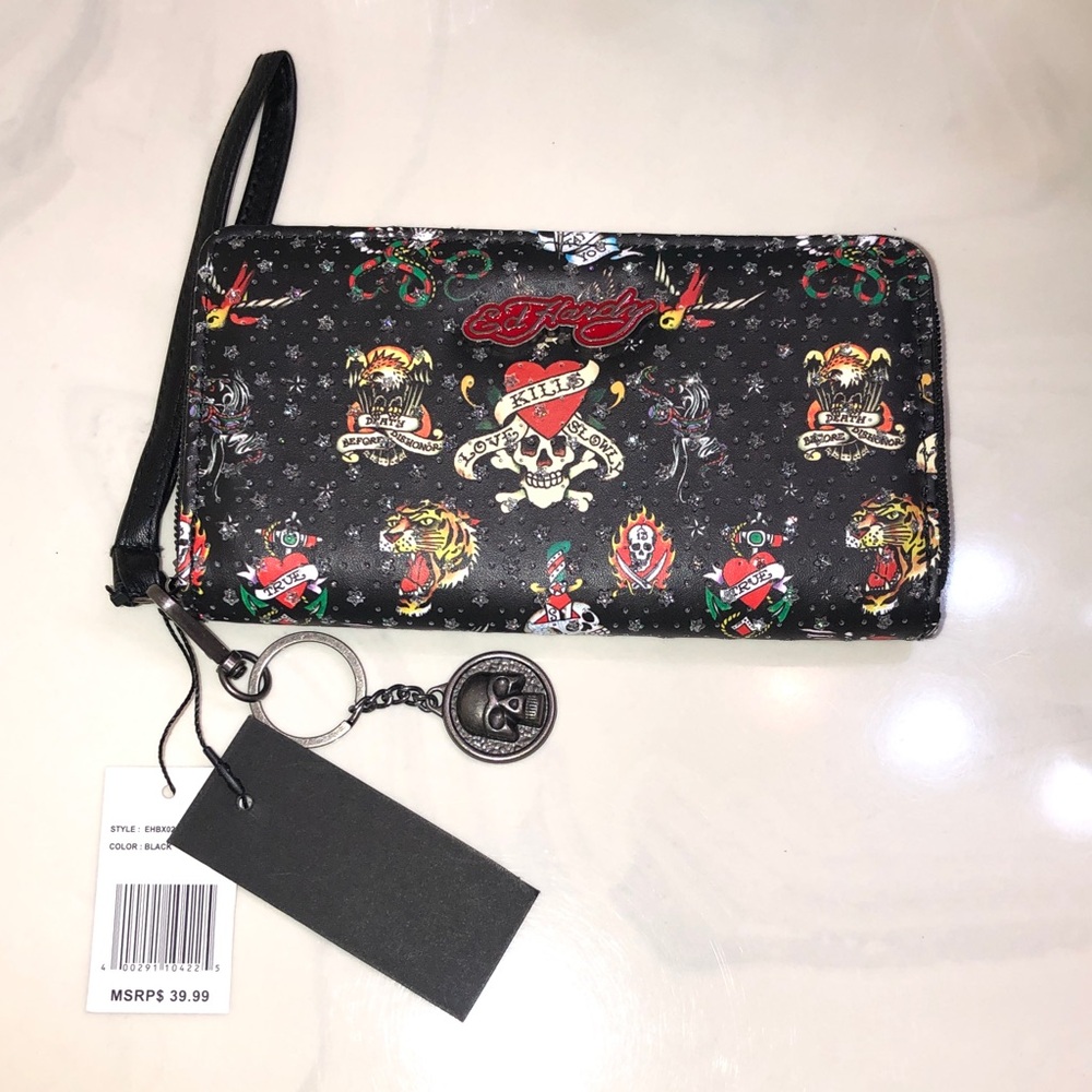 Ed Hardy Black Multicolored ZA Wallet Signature Ed Hardy Tattoo Print NWT